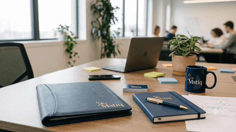 A navy Mstiq folder, notebook and pen on a desk in a bright office