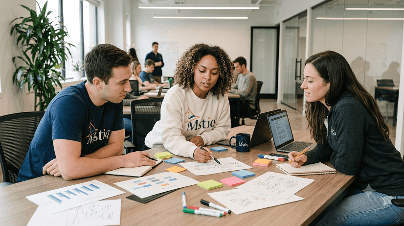 Three Mstiq colleagues planning together at a shared table with printed charts, sticky notes and markers
