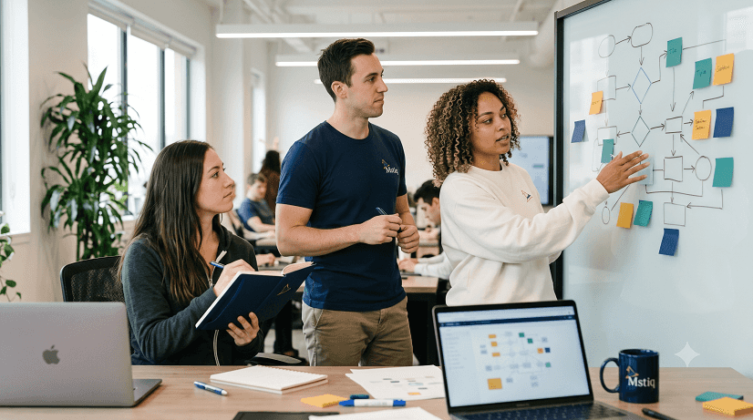 Three Mstiq colleagues mapping a workflow on a whiteboard covered in sticky notes
