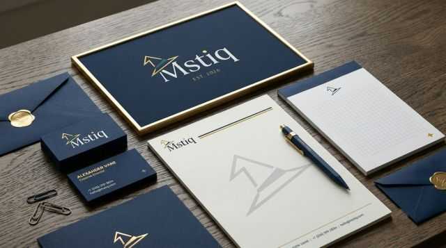 Mstiq business cards, letterhead, notepad and wax-sealed envelopes on a wooden desk